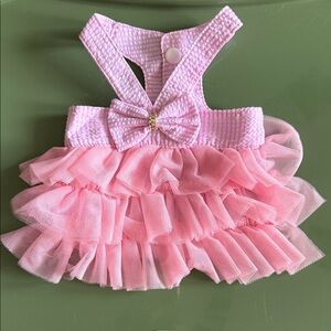 Adorable Pink Layered Tulle with a Bow and Golden Beaded Band. Cross Strap Small